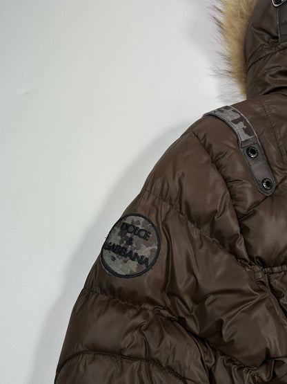 Dolce & Gabbana 00’s Brown Nylon Faux Fur Straps Bomber Hooded Puffer Jacket