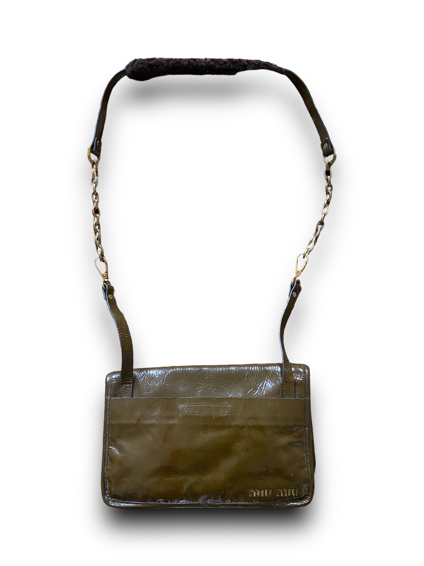 MIU MIU 90s CHAINS PATENT KAKI LEATHER HANDBAG