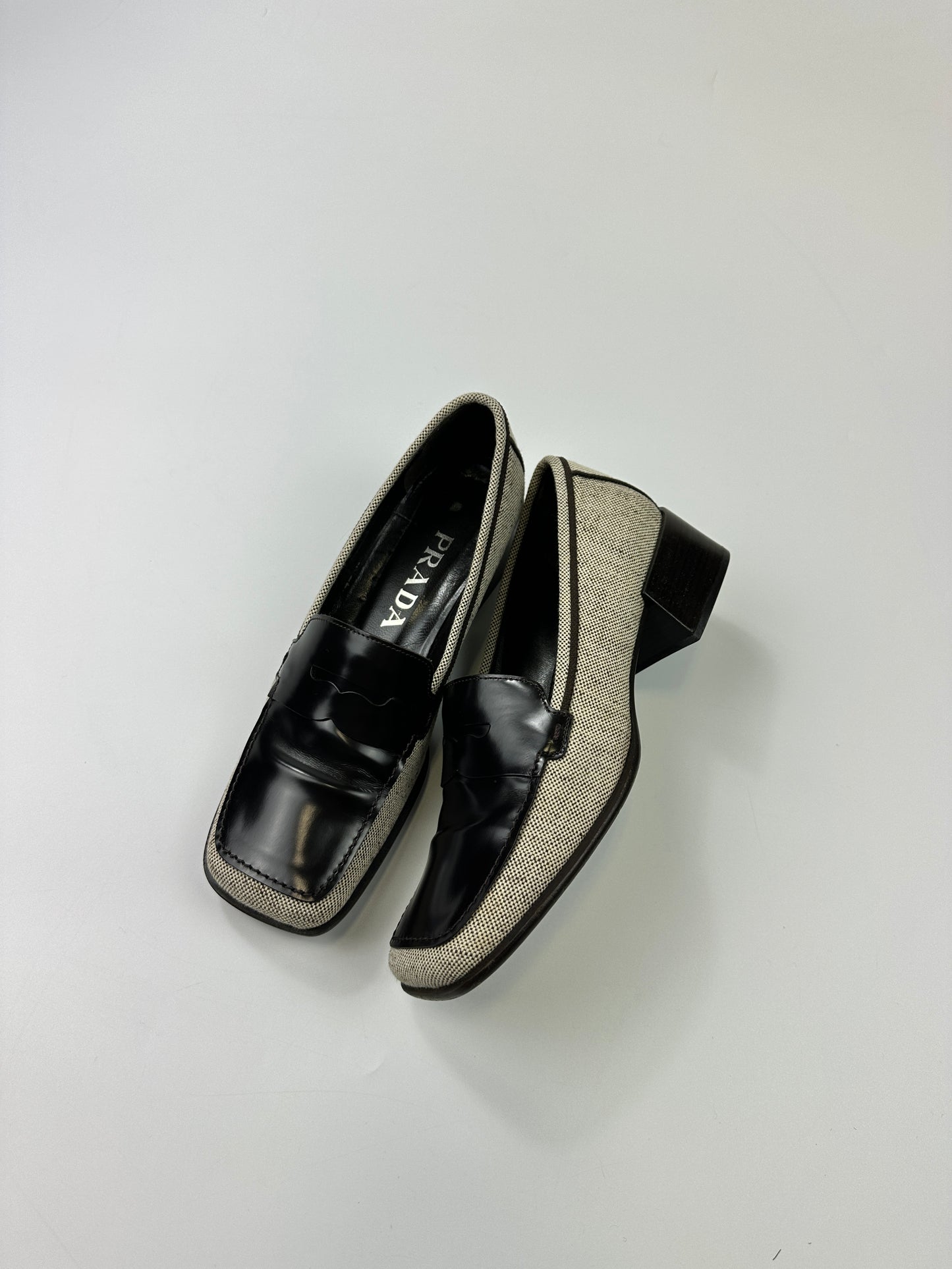 Prada Milano SS1999 Linen & Leather Grey & Black Loafer