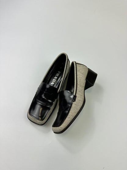 Prada Milano SS1999 Linen & Leather Grey & Black Loafer