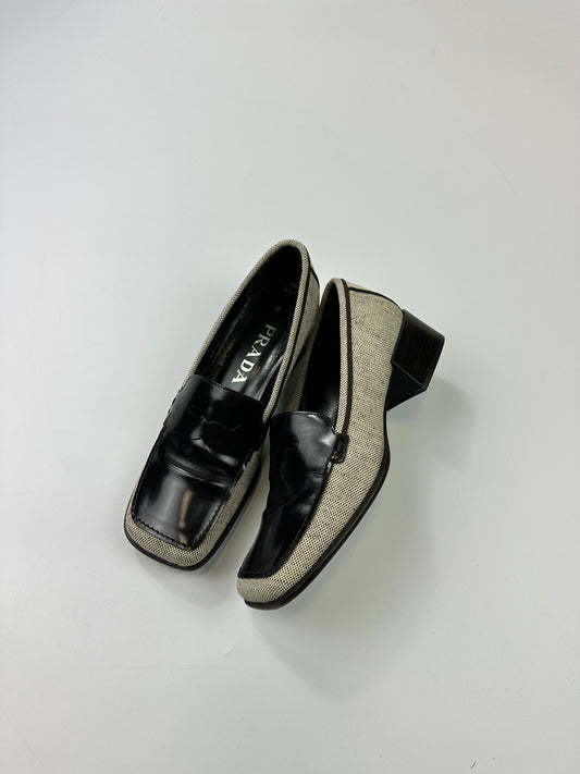 Prada Milano SS1999 Linen & Leather Grey & Black Loafer