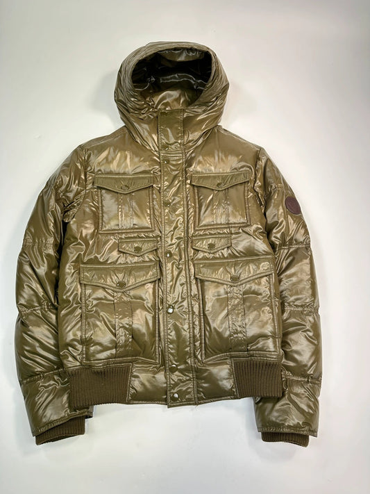 Gucci FW2008 Khaki Shiny Patent Nylon Down Puffer Hooded Jacket