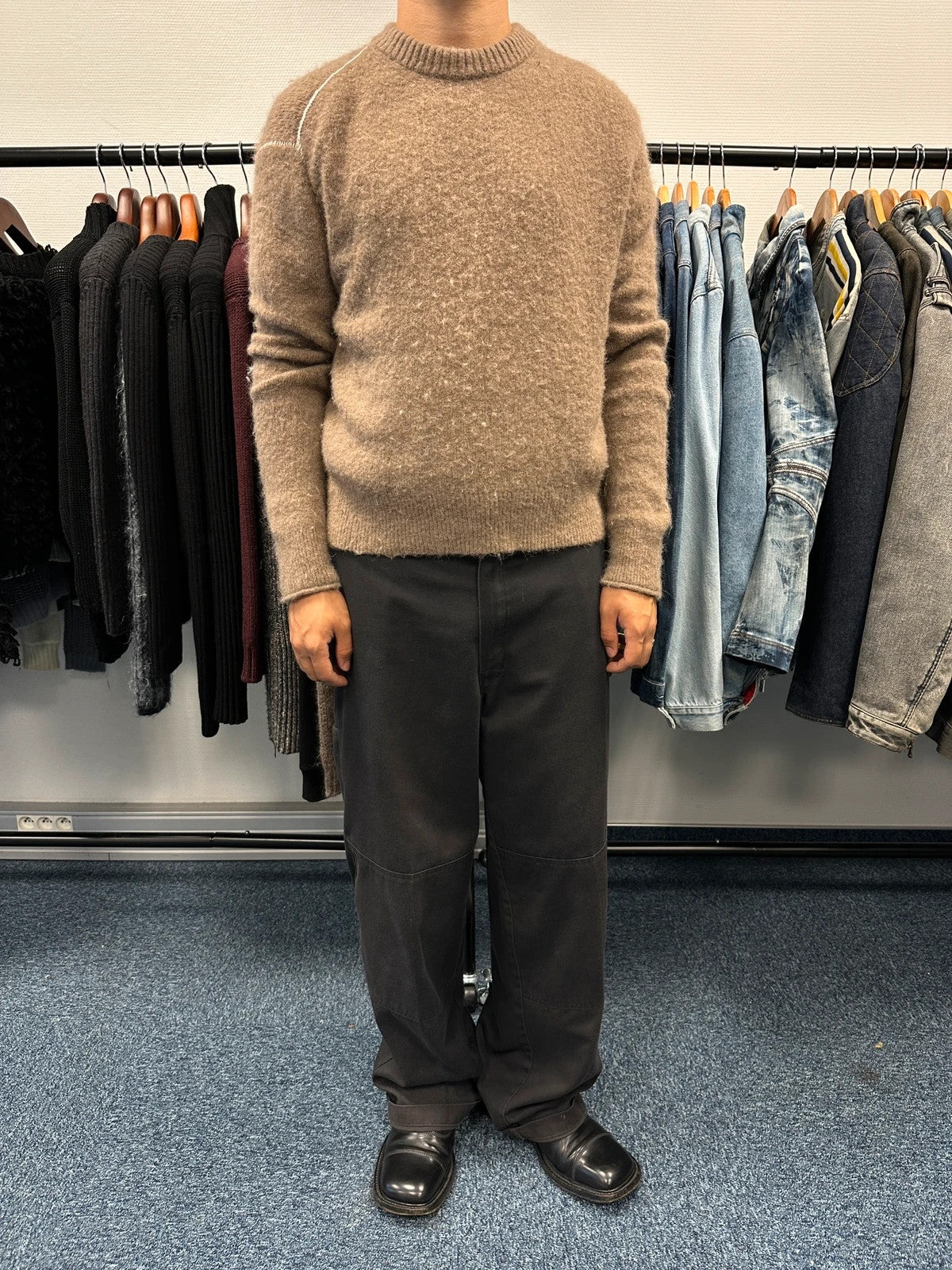 Acne Studio Brown Alpaca Wool White Contrast Stitch Sweater