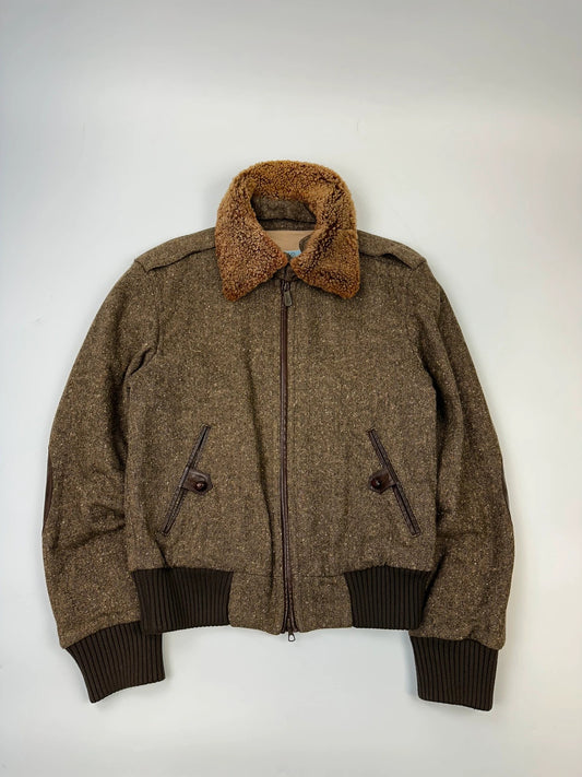 R.E.D Valentino Brown Wool Tweed Sheep Collar Bomber Jacket