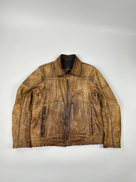 Prada Sport FW2002 Faded Eroded Brown Biker Leather Jacket