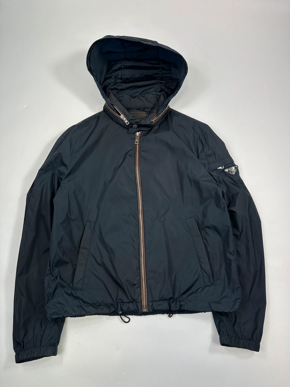Prada Milano SS2013 Navy Blue Nylon WindBreaker Hooded Jacket Triangle Leather Elbow Patch