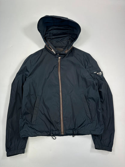 Prada Milano SS2013 Navy Blue Nylon WindBreaker Hooded Jacket Triangle Leather Elbow Patch