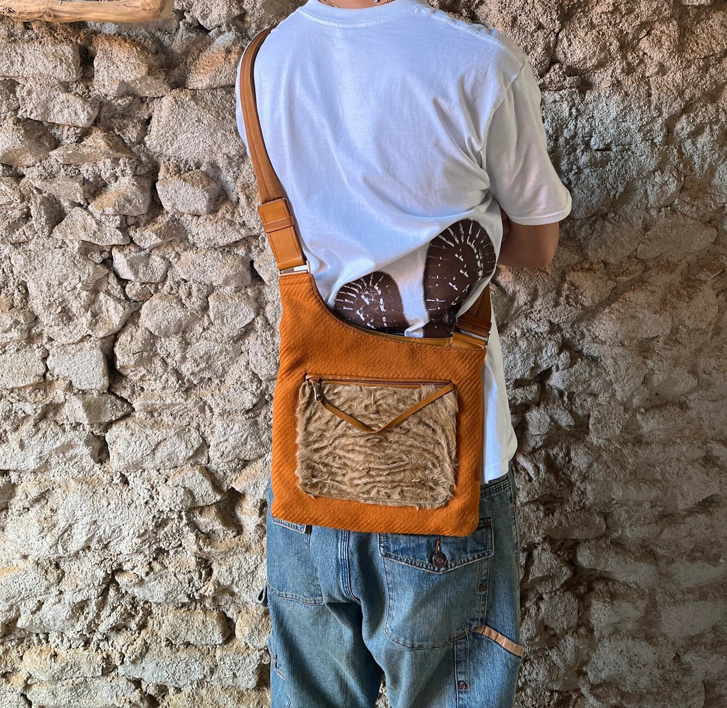 Prada Milano FW1999 Fur & Wool Sling Bag Crossbody Orange Flat