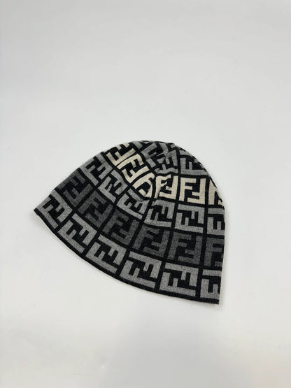Fendi FF Monogram Grey & Black Zucca Wool Beanie
