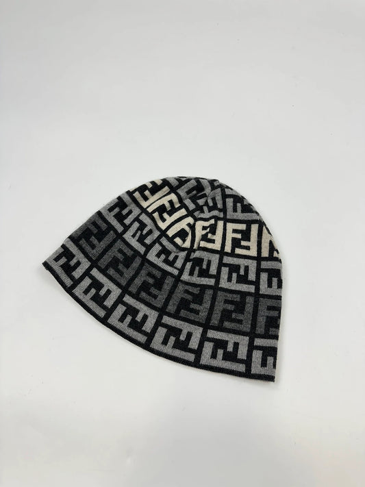 Fendi FF Monogram Grey & Black Zucca Wool Beanie