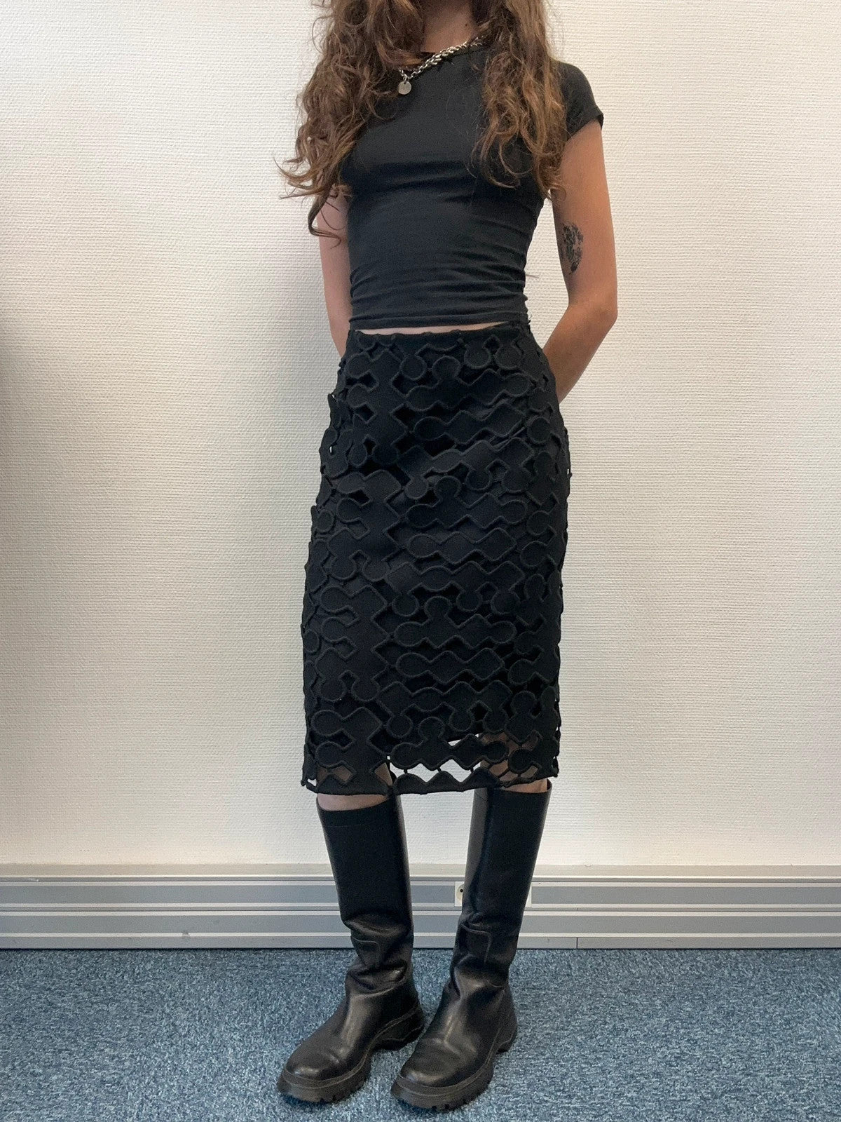 Miu Miu SS2008 Black Laser Cut Holes Wool Skirt