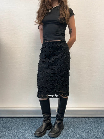 Miu Miu SS2008 Black Laser Cut Holes Wool Skirt
