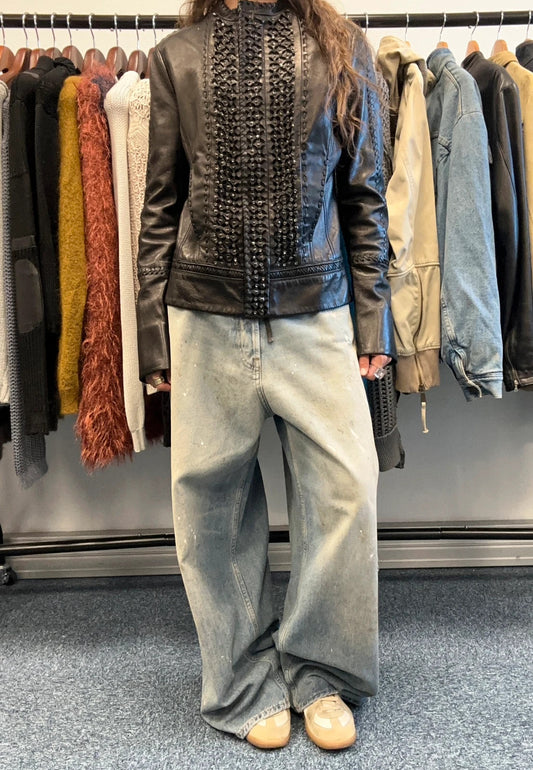 Roberto Cavalli 00’s Black Diamond Studded Leather Jacket