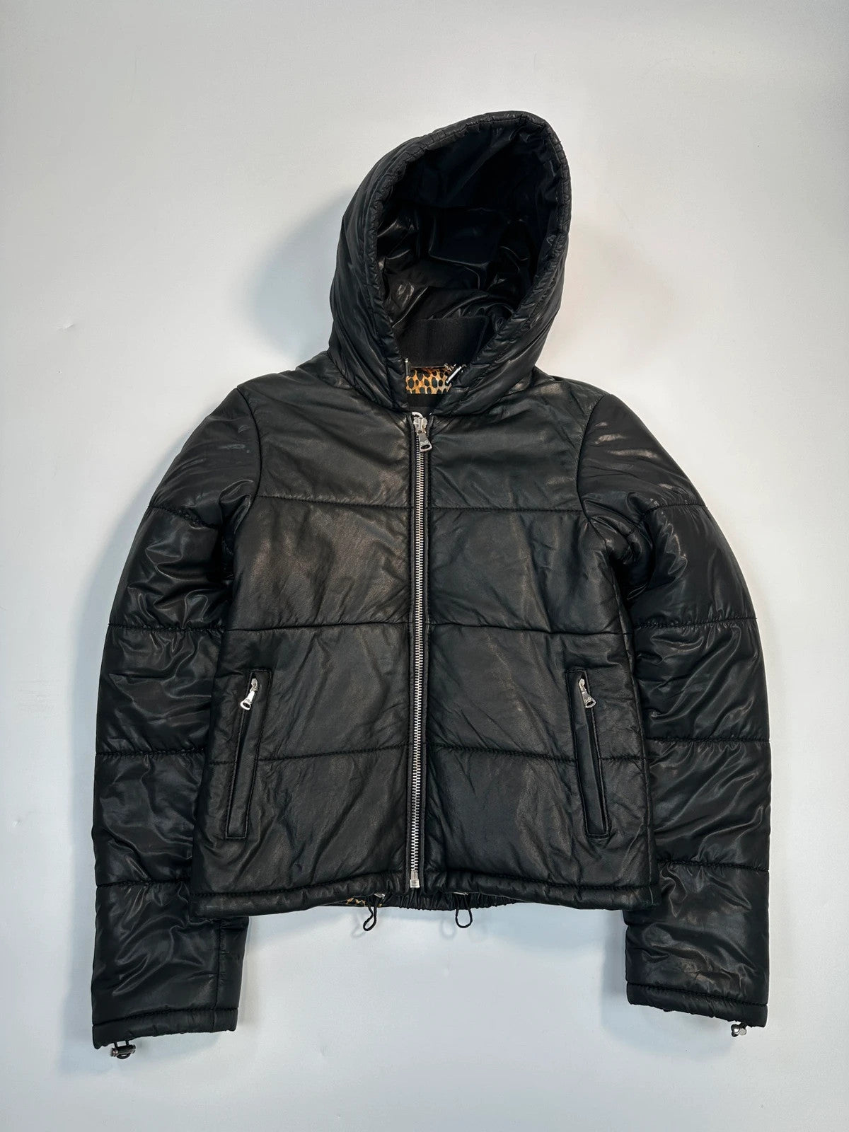 Dolce & Gabbana Black Hybrid Leather & Nylon Hooded Puffer Jacket