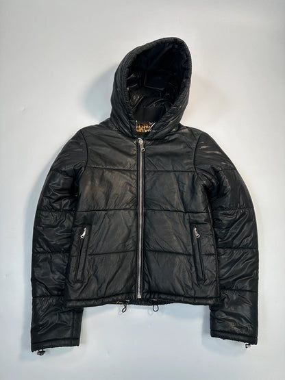 Dolce & Gabbana Black Hybrid Leather & Nylon Hooded Puffer Jacket