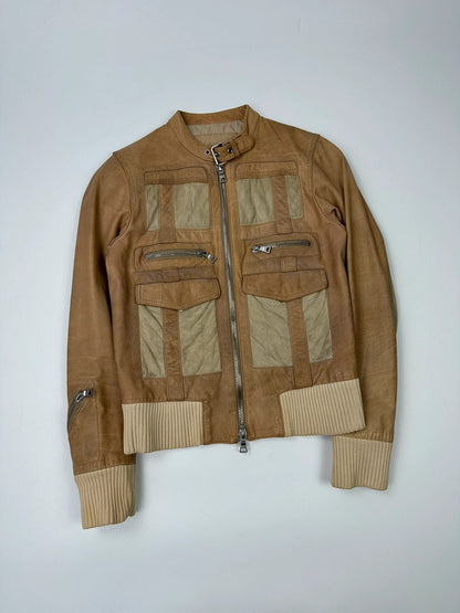 Prada Sport SS2002 Beige Brown Cargo Multi Pockets Leather Bomber Jacket