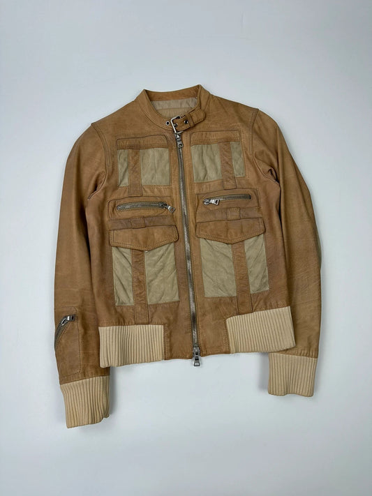 Prada Sport SS2002 Beige Brown Cargo Multi Pockets Leather Bomber Jacket