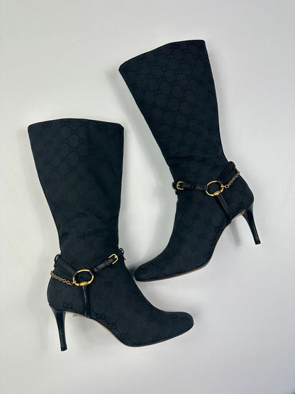Gucci Black Monogramme High Boots Chains Gold