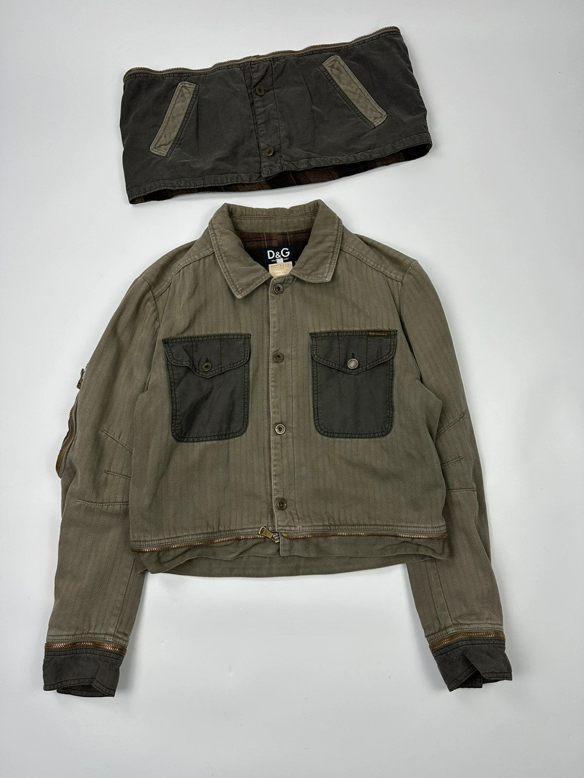 Dolce Gabbana SS2003 Olive Green Khaki Detachable Cargo Denim Jacket Coat