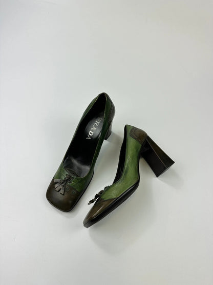 Prada Milano FW1999 Flower Two Tone Green & Brown High Block Heel Pumps