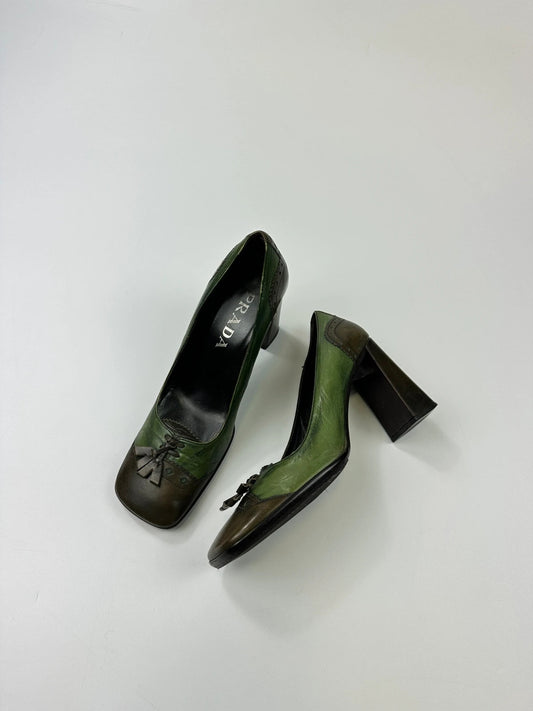 Prada Milano FW1999 Flower Two Tone Green & Brown High Block Heel Pumps