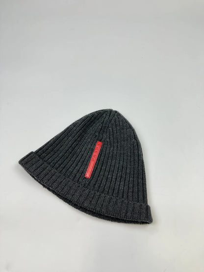 Prada Sport 00’s Grey Ribbed Wool Beanie RedTab