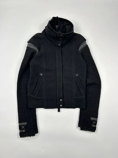 Marithé + François Girbaud 00s Black Wool Double High Neck Contrast Embroidery Jacket