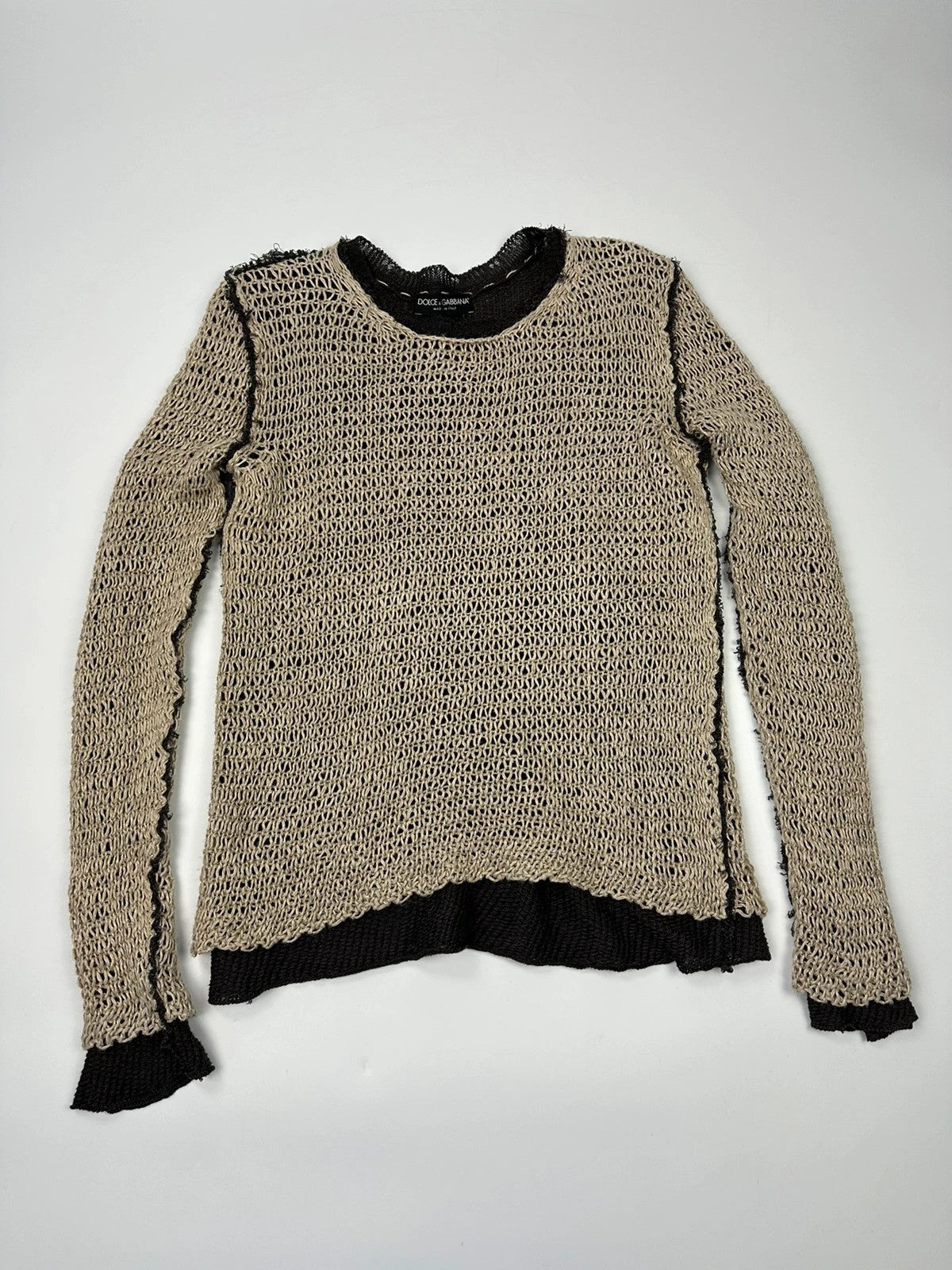 Dolce & Gabbana 00’s Net Knit Double Layer Destroy Sweater Beige & Brown Linen