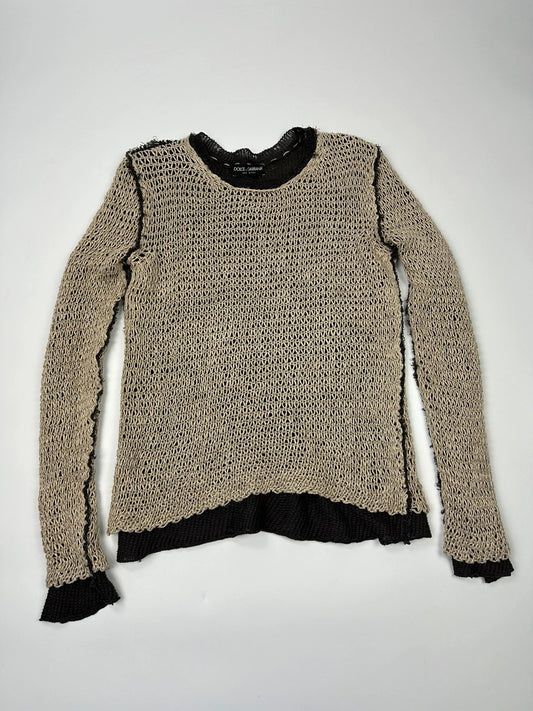 Dolce & Gabbana 00’s Net Knit Double Layer Destroy Sweater Beige & Brown Linen
