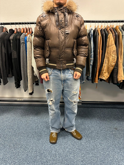 Dolce & Gabbana 00’s Brown Nylon Faux Fur Straps Bomber Hooded Puffer Jacket