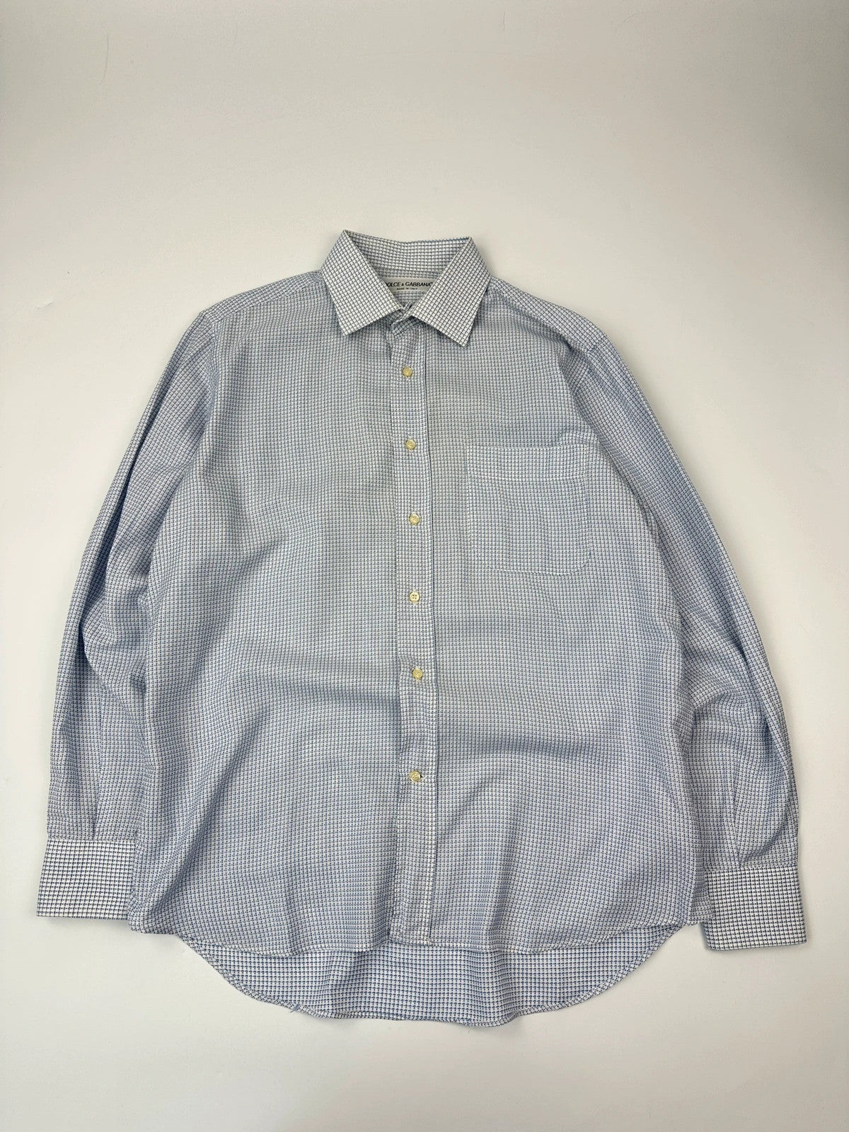 Dolce & Gabbana 00’s Micro Check Pattern White & Blue Dress Pocket Shirt