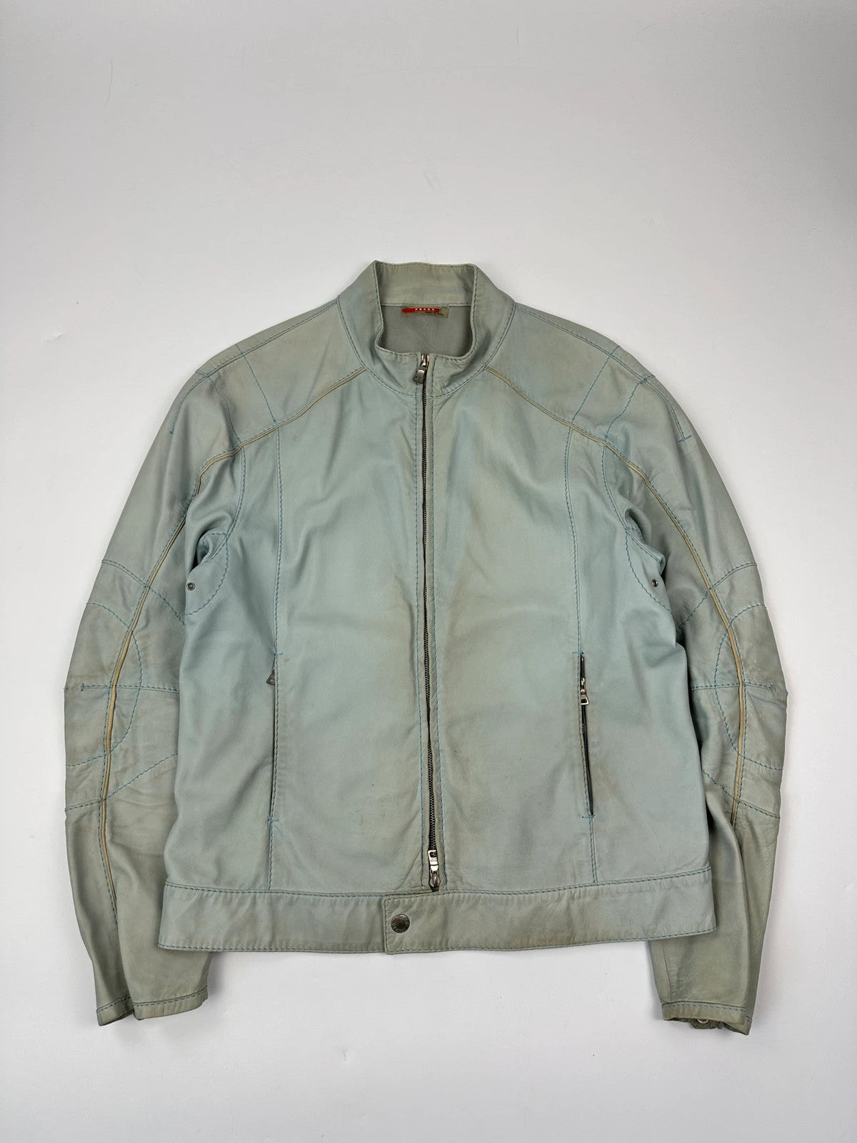 Prada Sport FW2000 Baby Blue Faded Biker Leather Jacket