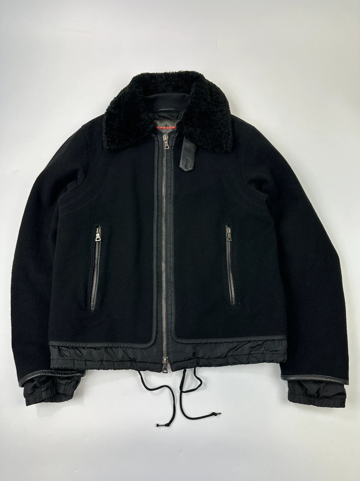 Prada Sport FW2003 Black Wool Aviator Bomber Jacket High Collar