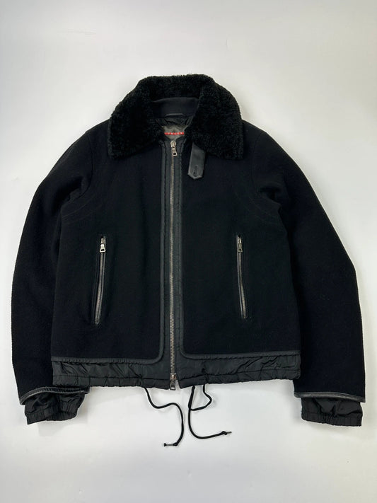Prada Sport FW2003 Black Wool Aviator Bomber Jacket High Collar