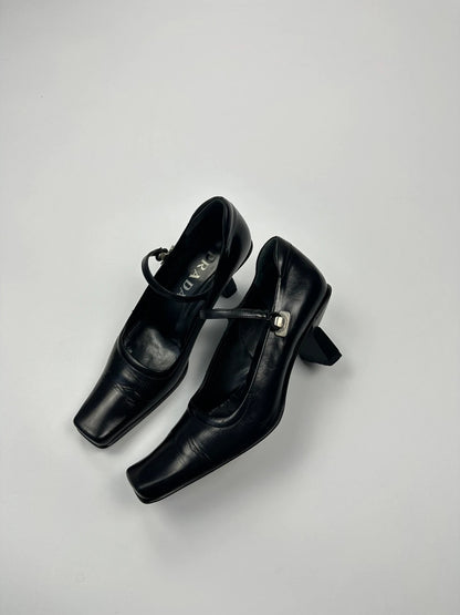 Prada Milano SS1998 Black Leather Mirror Heels Pumps Mary Jane