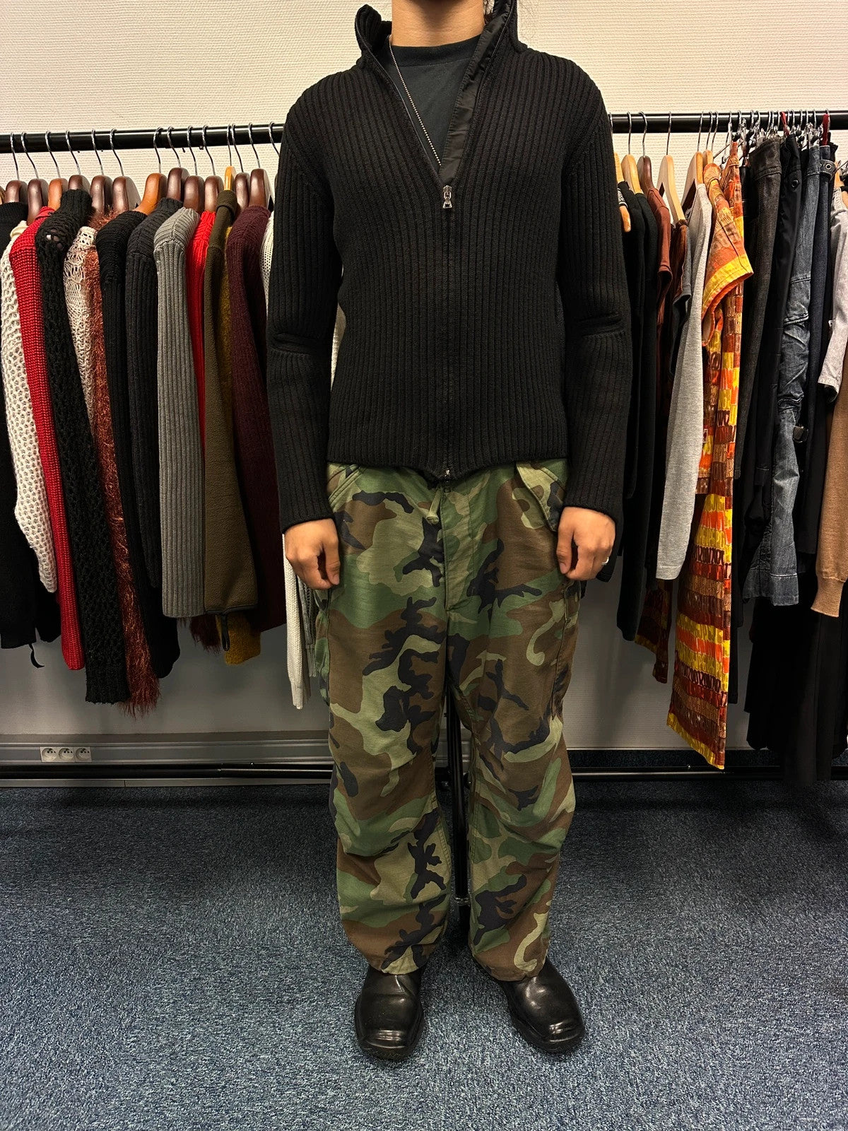 Prada Sport FW2003 Black Ribbed Wool Zip-Up Knit Sweater