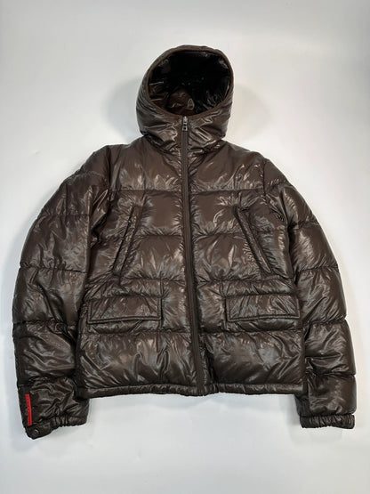 Prada Sport FW2009 Brown Shiny Patent Nylon Hooded Down Puffer Jacket