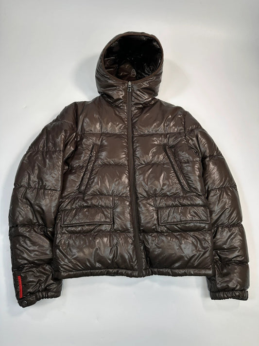 Prada Sport FW2009 Brown Shiny Patent Nylon Hooded Down Puffer Jacket