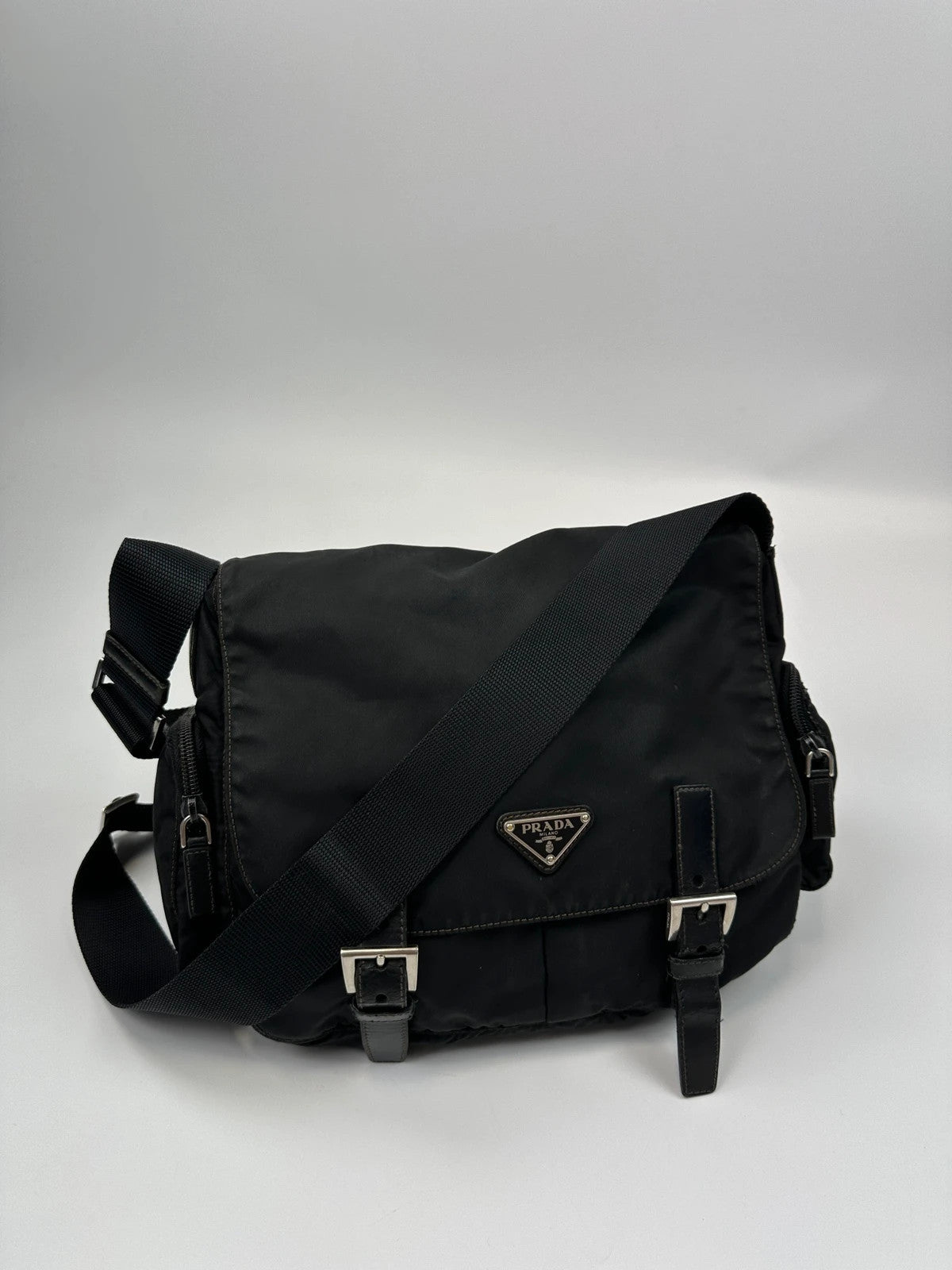 Prada Milano Black Nylon Messenger Cross Body Bag Side Zip Pockets