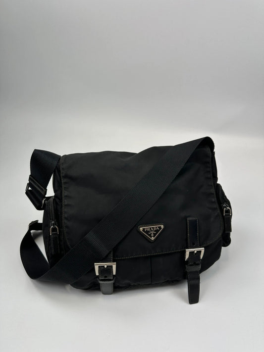Prada Milano Black Nylon Messenger Cross Body Bag Side Zip Pockets