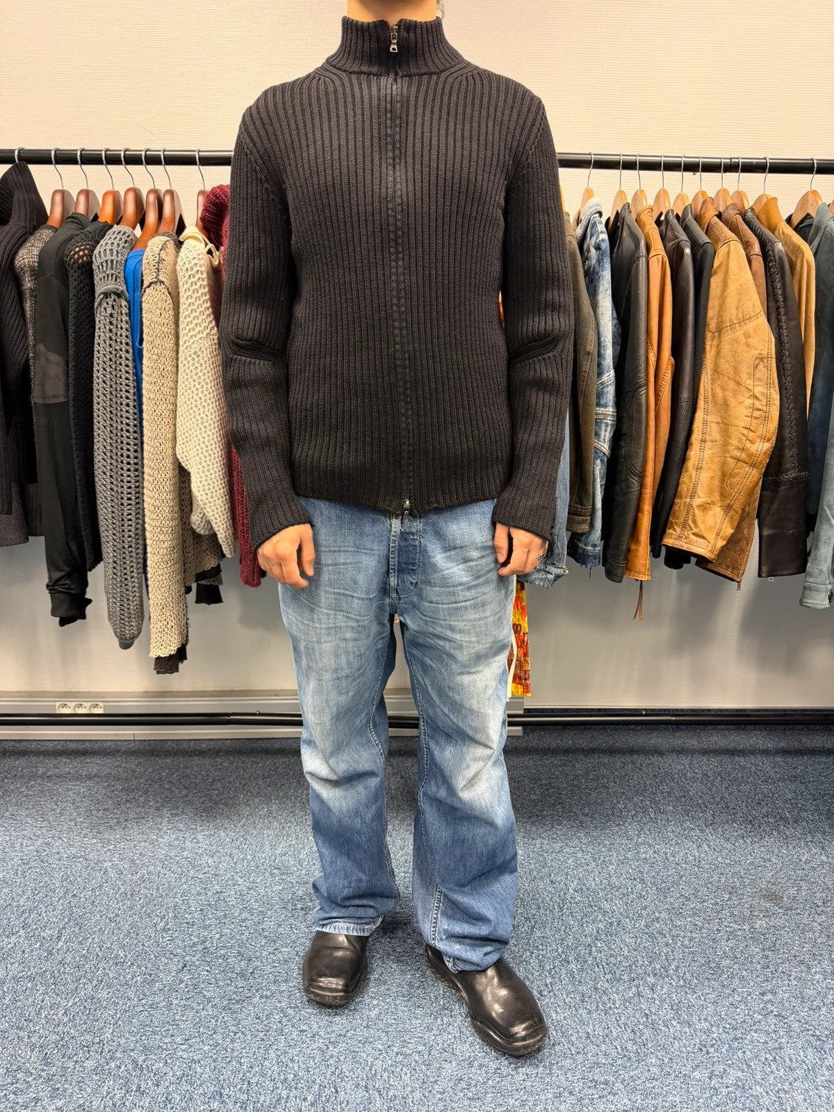 Prada Sport FW2003 Black Ribbed Wool Destroy Knit Zip-Up Sweater