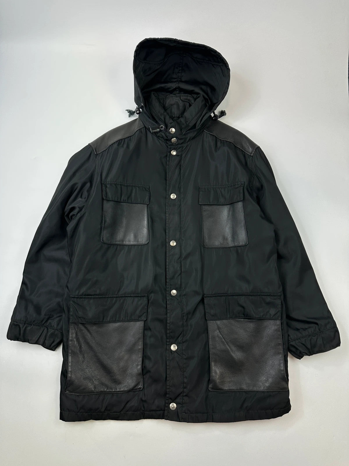 Prada Milano FW1997 Black Nylon & Leather Parka Long Coat Padded Linning