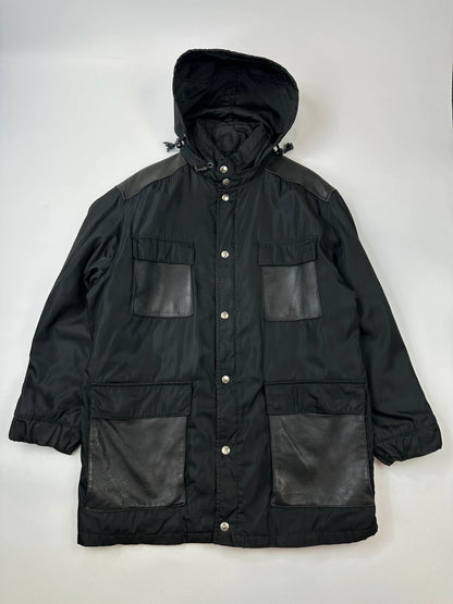 Prada Milano FW1997 Black Nylon & Leather Parka Long Coat Padded Linning