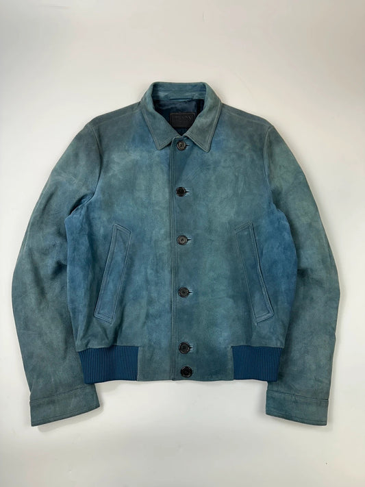 Prada Milano FW2017 Faded Green & Blue Goat Suede Buttons Up Bomber Jacket