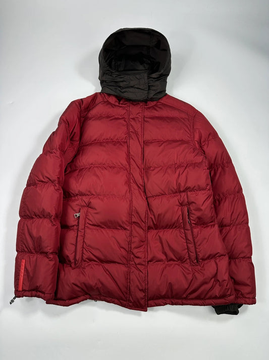 Prada Sport FW2000 Burgundy Red & Brown Hooded Puffer Down Jacket