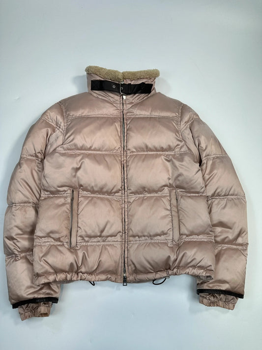 Prada Sport FW2003 Light Pink Shiny Patent Nylon Down Puffer Shearling Collar Jacket