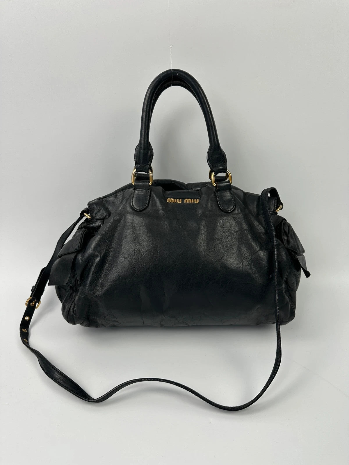 Miu Miu Black Leather Bow Bag HandBag Shoulder Bag Straps