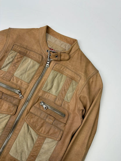 Prada Sport SS2002 Beige Brown Cargo Multi Pockets Leather Bomber Jacket