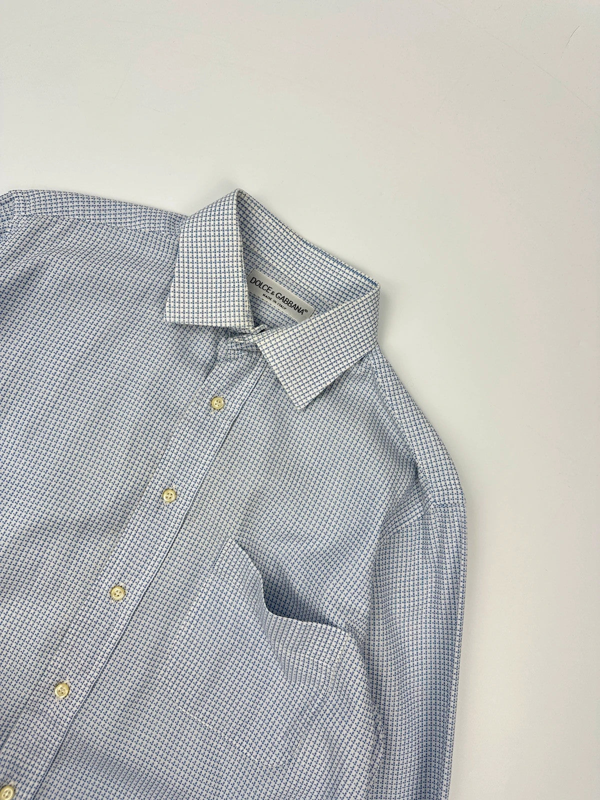 Dolce & Gabbana 00’s Micro Check Pattern White & Blue Dress Pocket Shirt