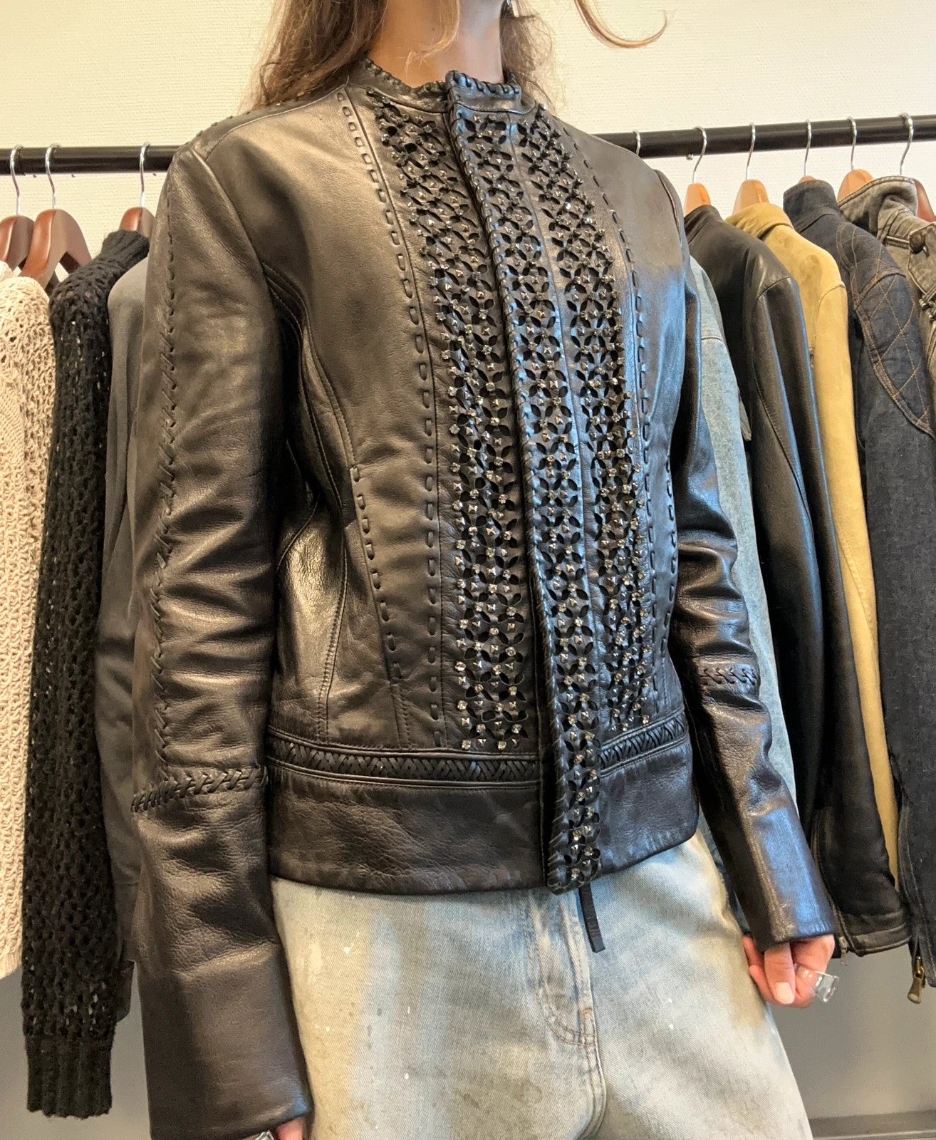 Roberto Cavalli 00’s Black Diamond Studded Leather Jacket